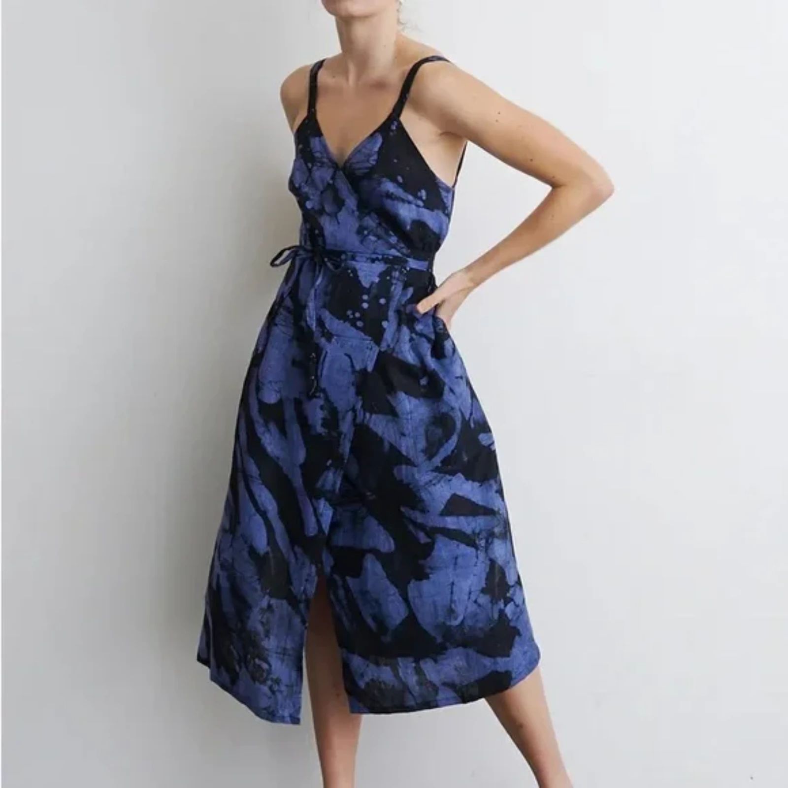 Osei-Duro Filini Dress In Rorschach Blue Black Size Xs Linen Midi Wrap Casual